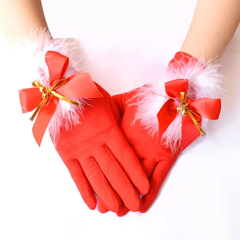 the SANTA GLOVES - 1 Pair Christmas Red Gloves Women Plush Bow Short Santa Claus Full Finger Gloves Stretch Mittens Fancy Dress Party Xmas Gloves