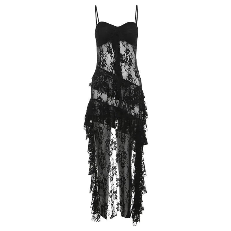 the MADONNA - Sexy Patchwork Mesh Strapless Ruffled Split Dress