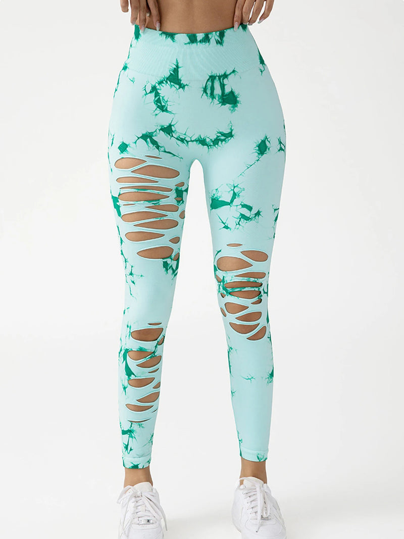 the SHREDDED LEGGINGS - Seamless Yoga Tie-Dye Skinny Hollow Out High Waist Scrunch Butt Sports Fitness Leggings