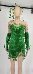 the POISON IVY - Halloween Poisonous Villain Costume Deluxe Sexy Green Elf Cosplay Sequin Dress with Leaves Carnival Party Outfit