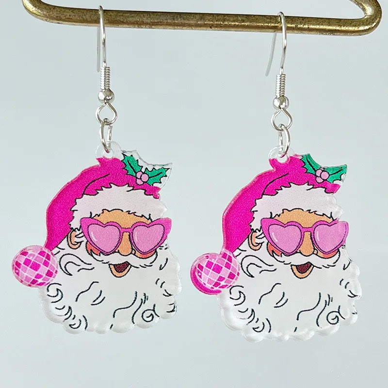 the PINK RETRO - Popular Pink Christmas Earrings Santa Claus Christmas Tree Lightning Retro Acrylic Earrings Christmas Decoration