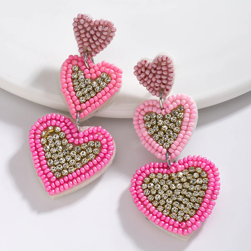 the PRETTY IN PINK COLLECTION - Pink Handmade Beaded Heart-Shaped Christmas Tree Earrings Suitable for Christmas Valentine's Day Wear