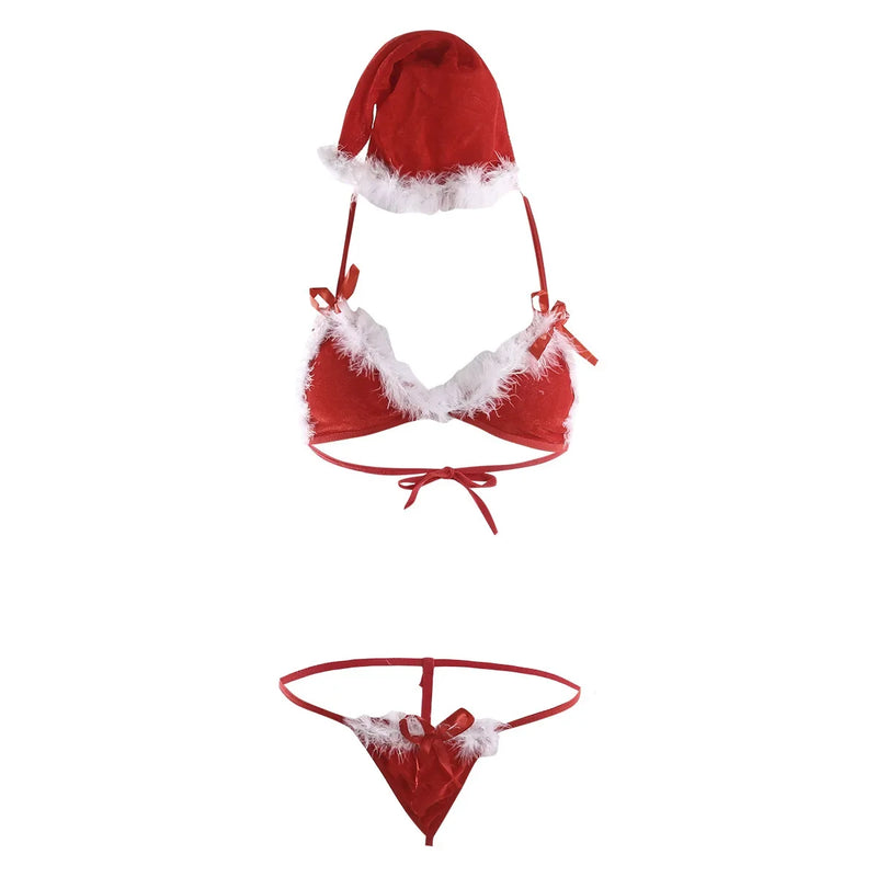 the MRS. CLAUS - Sexy Underwear Women Christmas Uniforms Bra Set Gold Velvet Ladies Three-point Bikini Lingerie Not Transparent Bow Decoration