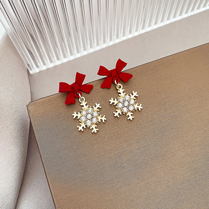 the SNOWFLAKE - Red Bow Knot Snowflakes Drop Earrings for Women Christmas Santa Claus Snowman Earrings Girls Xmas Jewelry Gifts