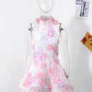 the FRENCH GIRL - Chic Floral Printed Mini Dress Backless Sleeveless Hem Stacking Dresses Sweet A-Line Party Club Clothing