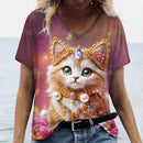 the ROYAL CAT - 3D Cat Print Casual Short Sleeve V-Neck Oversized T-Shirts for Women