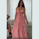 the PINK PRINCESS - Flounce Flower Pink Ladies Dinner Maxi Dress, Elegant Strapless Backless Pleat Sleeveless Sexy Spring New Chic Splicing Gown