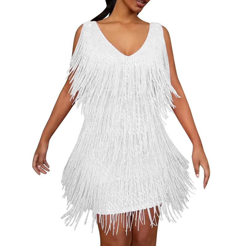 the TINA - Sexy Tassel Sequins Feather Mini Dress Spaghetti Strap Dresses Elegant Evening Party Club Dress