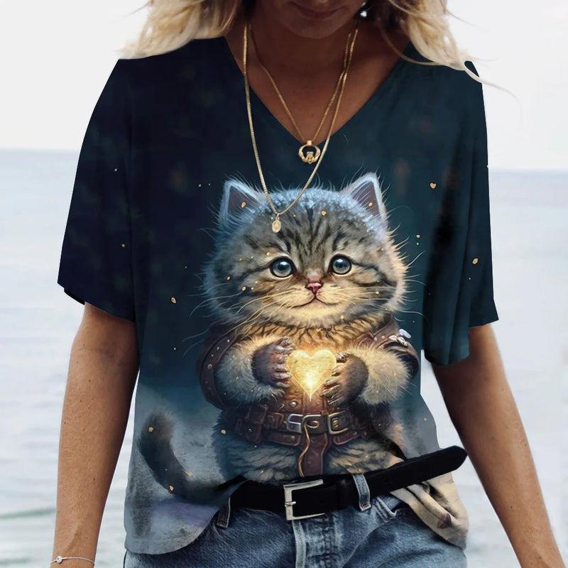 the HUNGRY CAT - Cat Print 3D Cat Print Short Sleeve V-Neck Casual T-Shirts for Women