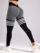 the GREYSTONE - Women Seamless Stripe Yoga Leggings Sexy High Waist Tummy Control Scrunch Butt Lifting GYM Workout Pants Outdoors Sports Fitness