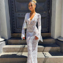 the LACE LUNCH DATE - Lace Transparent Sexy Hollow Out Maxi Dress, Elegant Outfits Women Flare Sleeve V-Neck Party/Club Dresses