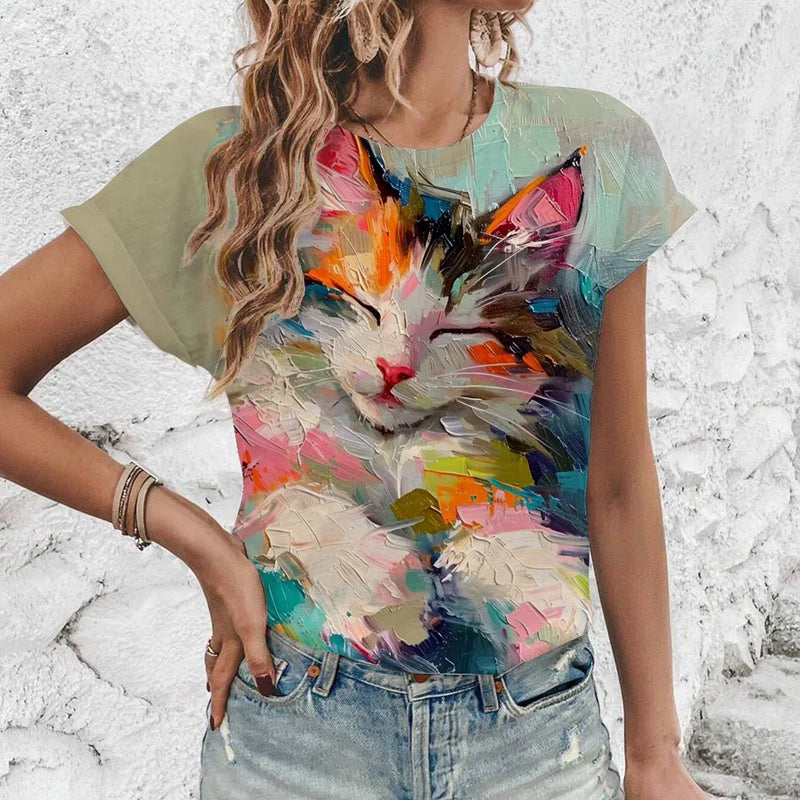 Fashionable And Comfortable Street Quirky Fun Cat Print Plus Size T-shirt For Daily Lightweight Women's O-neck Short Sleeved Top