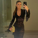 the LACE LUNCH DATE - Lace Transparent Sexy Hollow Out Maxi Dress, Elegant Outfits Women Flare Sleeve V-Neck Party/Club Dresses