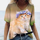 the CAT SILHOUETTE - 3D Print Oversized V-Neck Cat Fashion T-Shirts for Women