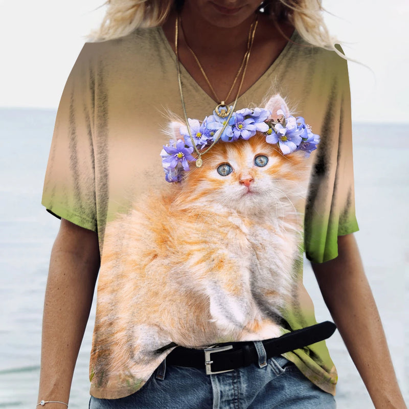 Fashion Woman Blouses 2023 T-Shirt Women's 3d Cats Print Black Kawaii T Shirt Female Clothing Oversized Summer Ladies V-Neck Top