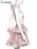 the DIXIE PIXIE - Halter Lace Up Sweet Women Mini Dress, Sexy Backless Ruffle Stacked A-Line Bodycon Female Fashion Princess Party Dress