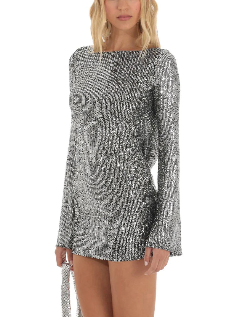 the NICOLE - Sexy Shiny Sequins Sparkly Glitter Crewneck Long Flare Sleeve Backless Mini Dress