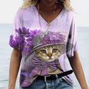 the RAINBOW KITTY - V-Neck T-shirt Women's Summer Casual Oversize Dazzle Color Cats Print Shirt Short Sleeve Top Vintage Streetwear