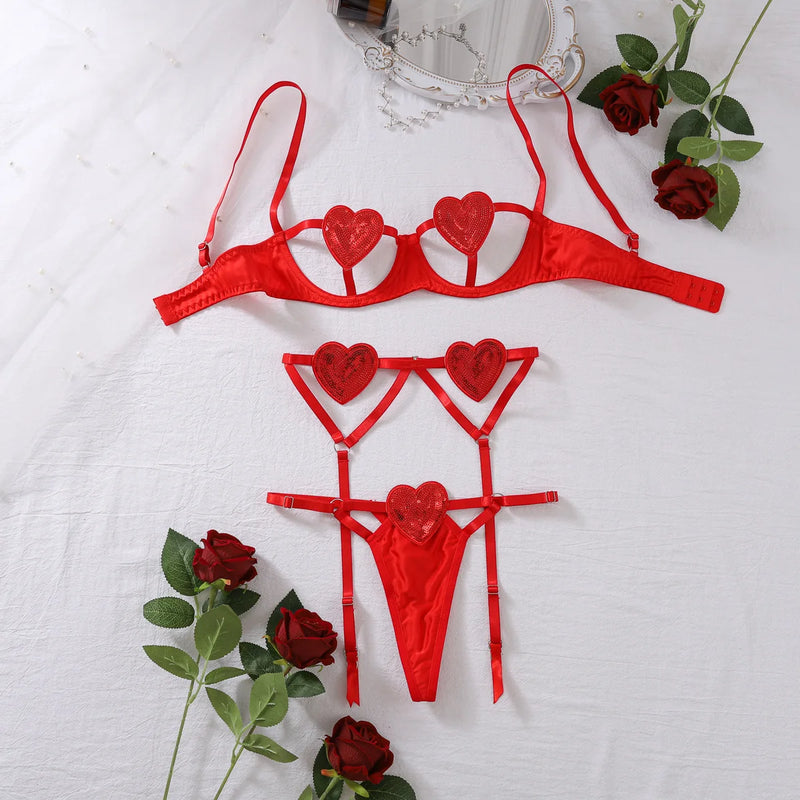 the HEART THROB - Sexy Red Lingerie Woman Fancy Sequined Hollow Cup Underwear 3-Piece Bra Intimate Exotic Set Valentine's Day