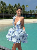 the BALLERINA - Flower Print Fluffy, Women's Lace Up Slimming Strap Party Gown Pleated Skirt Hemline Halter Beach Suspender Dresses