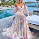 the PINK PALISADE - Sexy Sweet Print Full Sleeve Off Shoulder Chiffon High Waist Women A-Line Maxi Dress