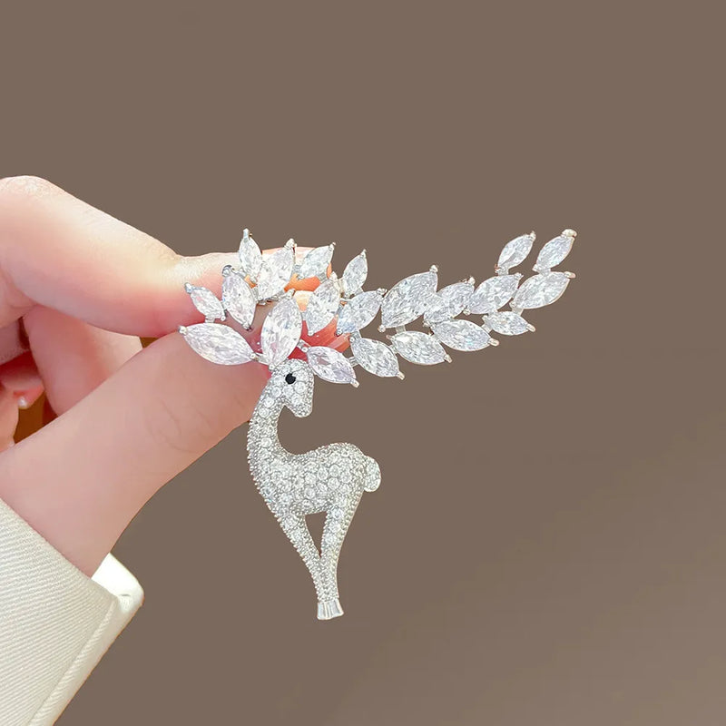 the RHINESTONE COLLECTION - Fashion Full of Rhinestone Deer Brooch Pin Gold Plated Silver Color Crystal Animal Christmas Jewelry Gifts