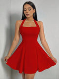 the DONNA - Solid Color Sleeveless Low-Cut Mini Dress