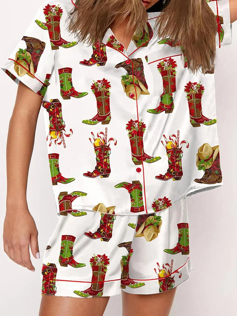 the COWGIRL CHRISTMAS - Silk Christmas Print Pajama Sets Satin Red Green Long Sleeve Shirt Long Pants Sleepwear Loungewear for Xmas Home