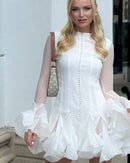 the EVENING ORCHID - Fashion Ruffles Edge Single Breasted Women's Dress, Fashion Long Lantern Sleeve High Waist Mini Dresses