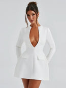 the MORGAN - Elegant Deep V-Neck A-Line Blazer Dress Long Sleeve High Waist Tunic Short Evening Party Dress