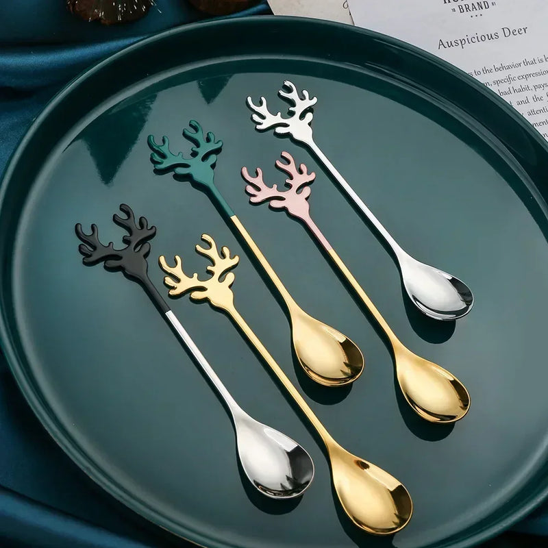 the SPOONFUL - 4pcs Christmas Elk Head Shape Stainless Coffee Spoon New Year Christmas Decoration Table Decor for Home Navidad Gifts