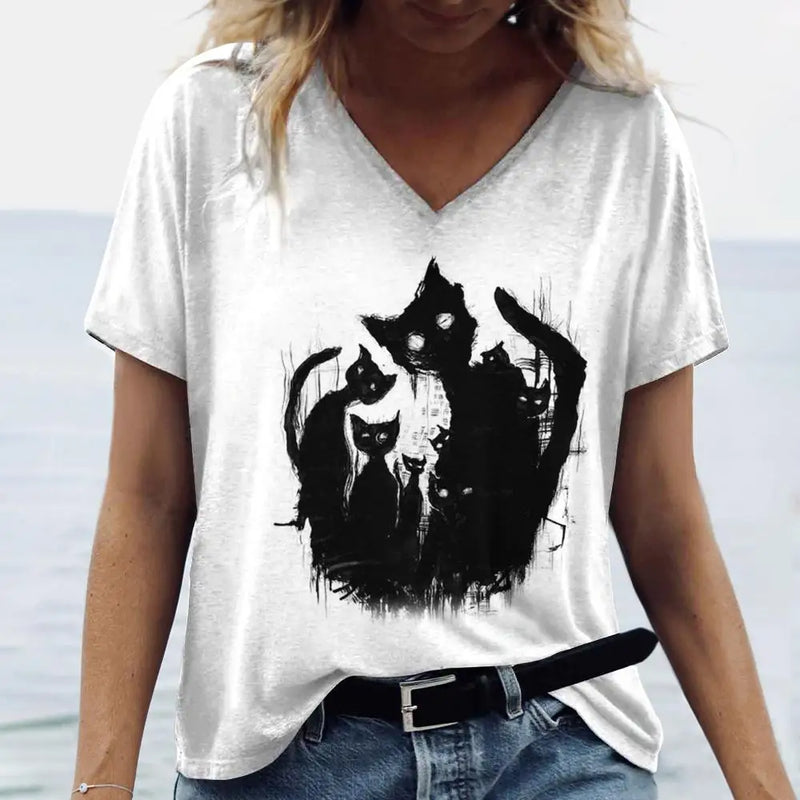 the SHADOW BLACK CAT - Cute Cat Pattern Print V-Neck Short Sleeve Fashion T-Shirts for Women