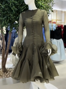 the COURTSY - Solid Spliced Button Slimming Dresses for Women, O-Neck Long Sleeve High Waist Patchwork Ruffles Dress