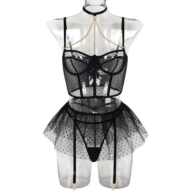 the BLACK DOT - Sensual Lingerie 3 Pieces Polka Dot Outfits Sexy See Through Metal Chain Splicing Bra Halter Mesh Sheer Skirt Exotic Lace Sets