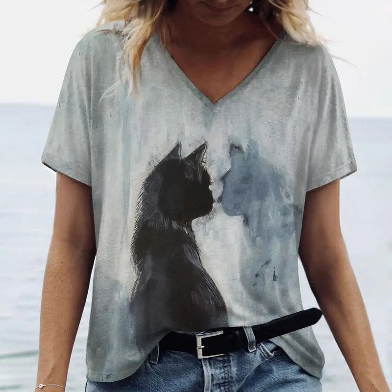 the SHADOW BLACK CAT - Cute Cat Pattern Print V-Neck Short Sleeve Fashion T-Shirts for Women