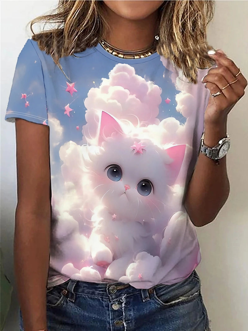 Fashion Summer Cartoon Animal Cat 3D Print T-shirts Women Streetwear Casual Y2k Short Sleeve T Shirt O-neck Tees Tops Clothing