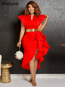 the SUNDAY BEST - Sexy Flare Short Sleeve High Side Split Ruffles Bodycon Midi Dress, Elegant Women Autumn Evening Wedding Party/Birthday Dress