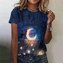 the MOON CAT - Cartoon Night Cat Pattern 3D Printed Loose O-Neck Short Sleeves T-Shirts for Women