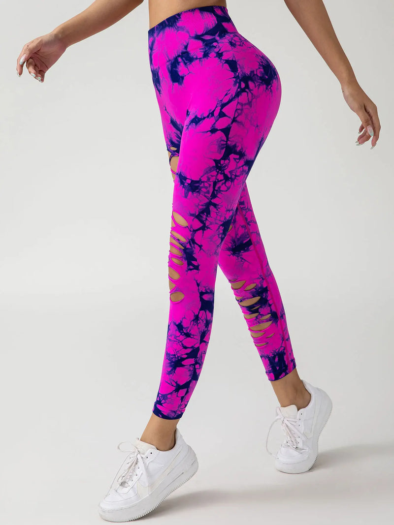 the SHREDDED LEGGINGS - Seamless Yoga Tie-Dye Skinny Hollow Out High Waist Scrunch Butt Sports Fitness Leggings