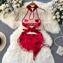 the SECRET SANTA - Christmas Red Top Sexy Patchwork Bodysuit Cosplay Erotic Lingerie Winter Strap Pajamas Nightwear