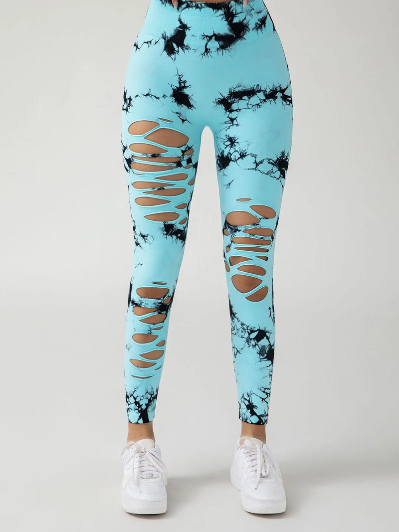 the SHREDDED LEGGINGS - Seamless Yoga Tie-Dye Skinny Hollow Out High Waist Scrunch Butt Sports Fitness Leggings