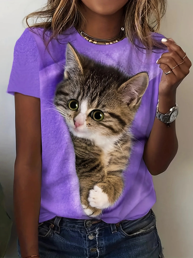 Cute Cat Print O-Neck TShirt Women Tee Oversized Casual Short Sleeve T-Shirt For Spring Summer Streetwear Daily Women's Clothing