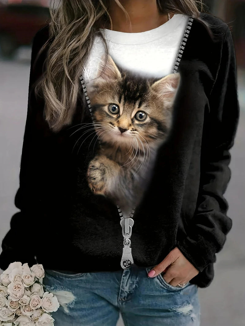 the CAT CLUB - 3D Cat Print Casual Loose Long Sleeve Round Neck Fashion Top for Women