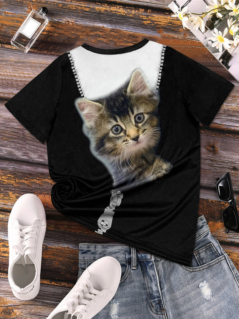 Cute Cat Print Crew Neck T-Shirt Casual Short Sleeve T-Shirt For Spring&Summer Women's Clothing Fashion Trend Pullover Tops