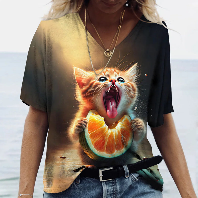 the HUNGRY CAT - Cat Print 3D Cat Print Short Sleeve V-Neck Casual T-Shirts for Women