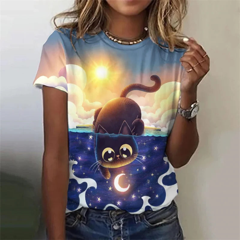 Cartoon Night Cat Pattern T-Shirt For Women Flash Stars Moon 3D Printed Tees Summer Loose T Shirts O-Neck Tops Short Sleeves