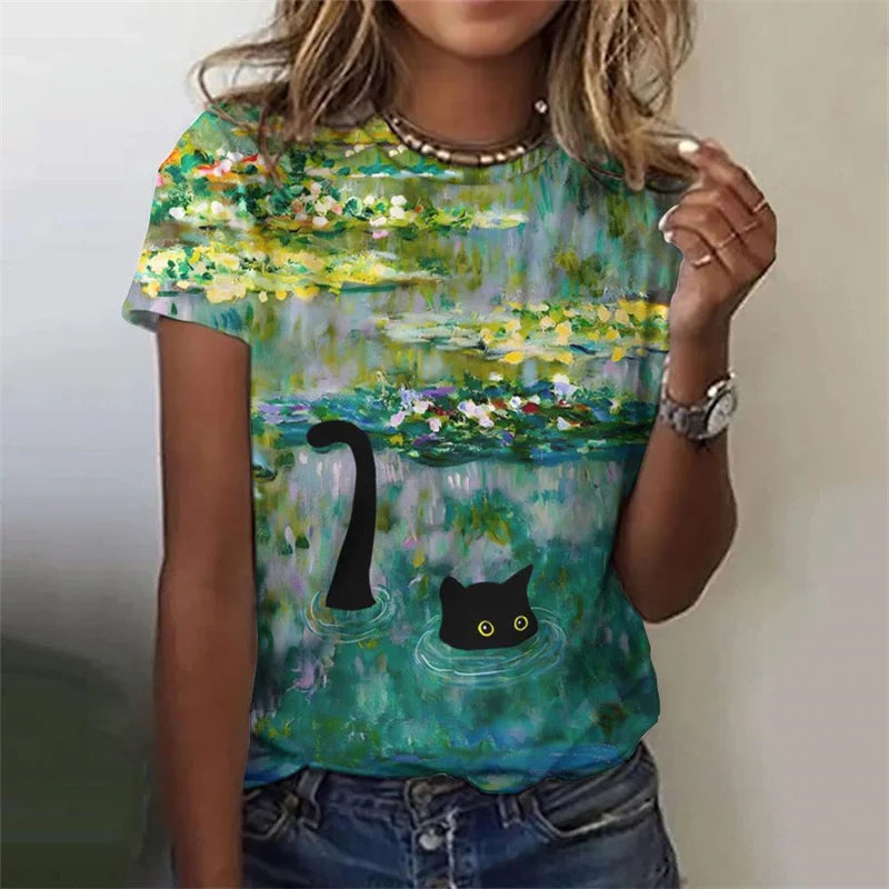 the PAINTED CAT - Flower Cat 3D Print Casual Fashion Short Sleeve O-Neck T-Shirts for Women