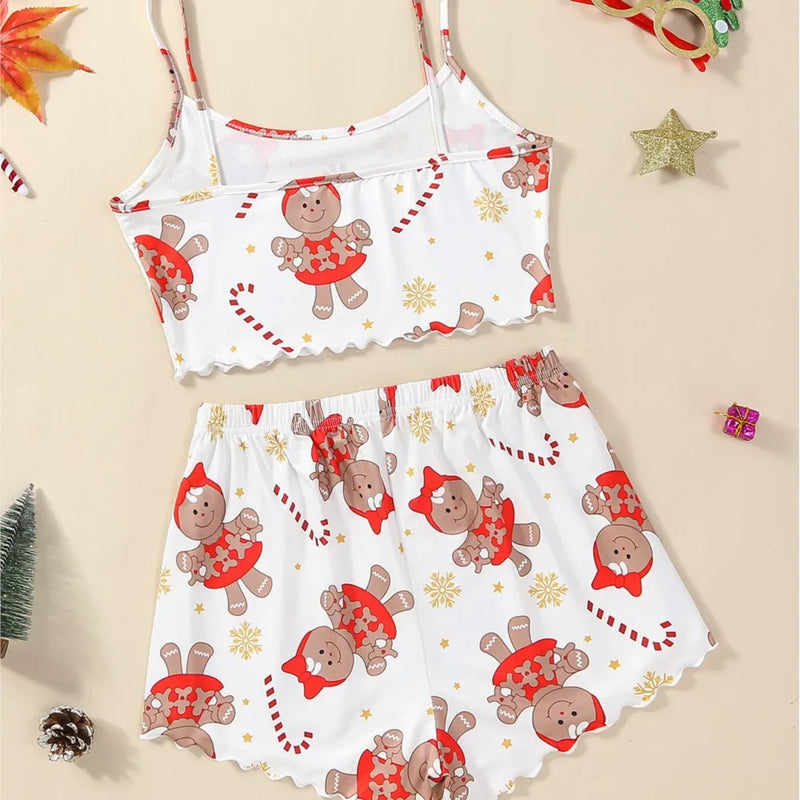 the SANTA SLEEPWEAR - Women's 2 Pieces Pajama Set Sleeveless Spaghetti Strap Christmas Print Cami Sleepwear Shorts Sets Girls Nightwear Home Clothes