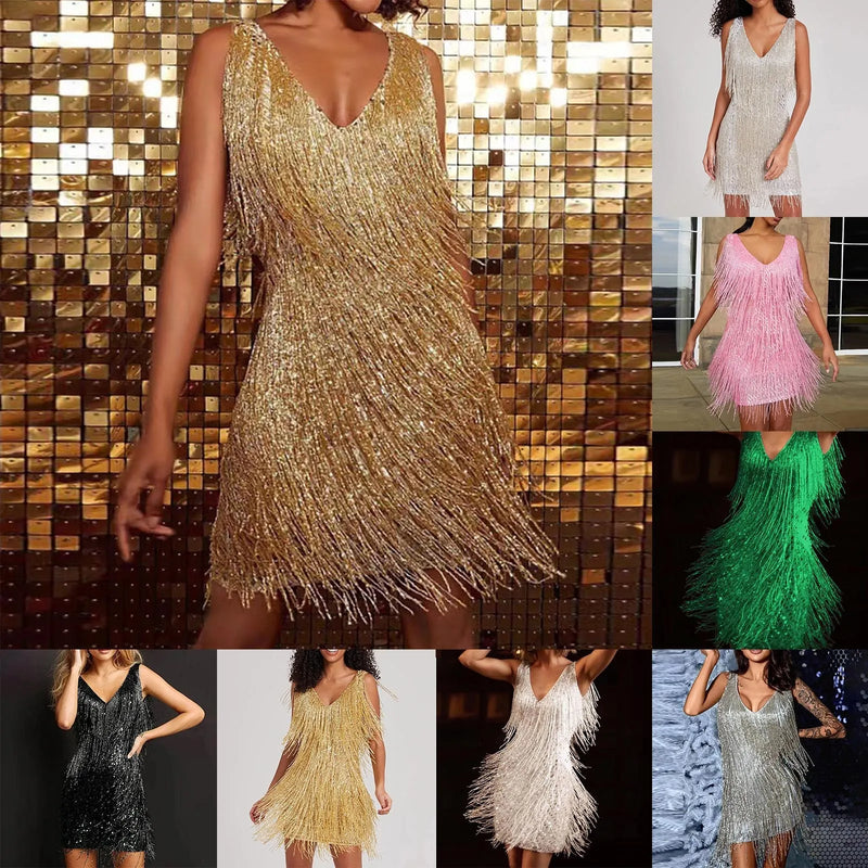 the TINA - Sexy Tassel Sequins Feather Mini Dress Spaghetti Strap Dresses Elegant Evening Party Club Dress