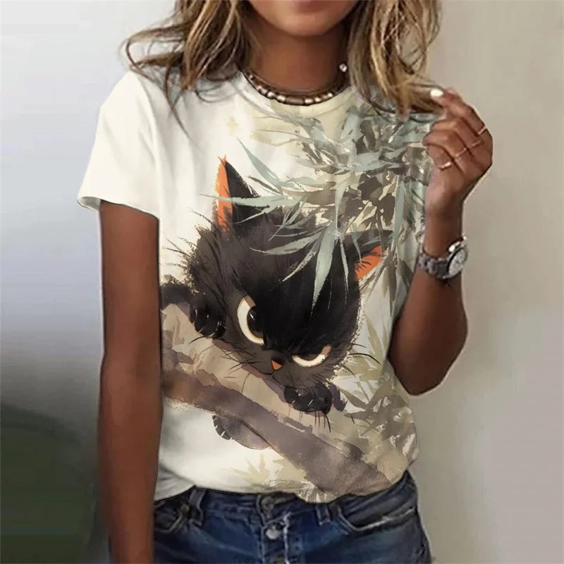 the MAD CAT - 3D Printed Cute Cat Round Neck Short Sleeve Loose T-Shirt for Women